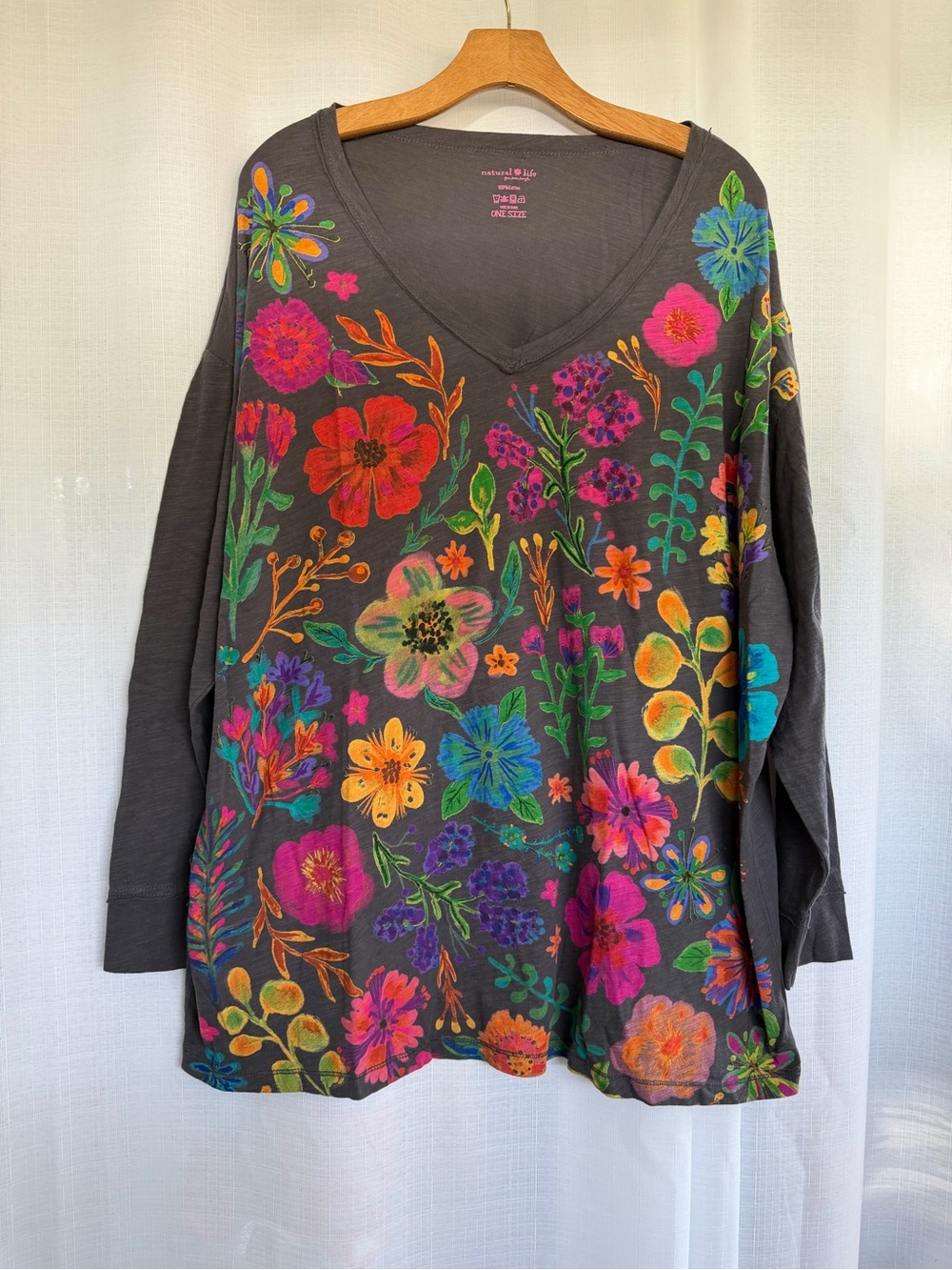 Natural Life Colorful Floral Oversized Long Sleeve Top One Size Boho